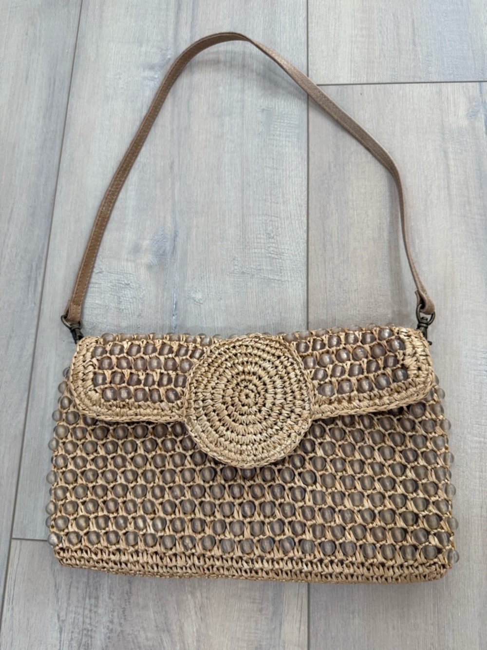 Vintage Trina Turk beaded woven straw raffia flap shoulder bag